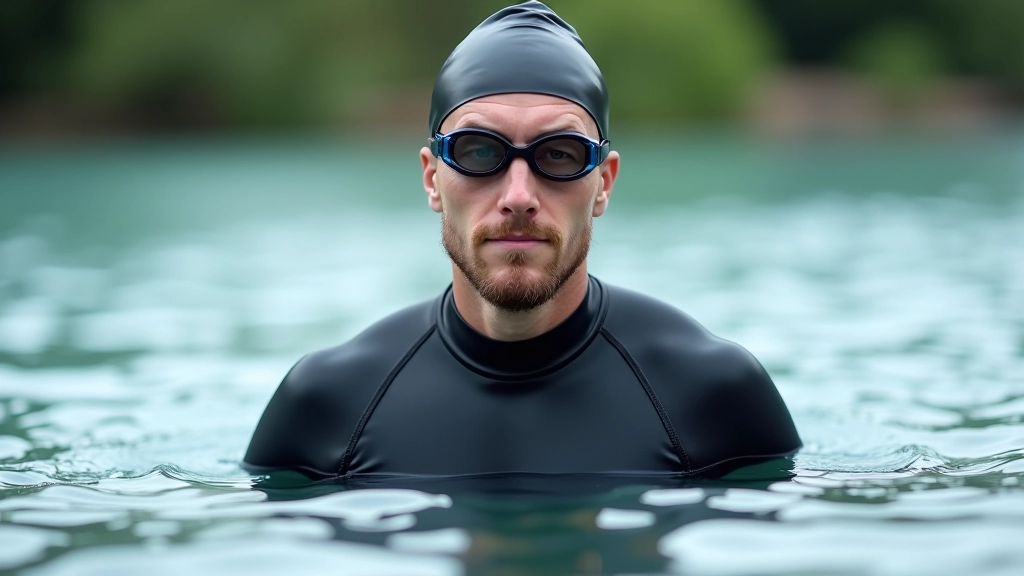 Close-up of a swimmer's face in open water wearing a swimming cap and goggles with focus on proper technique and safety positioning