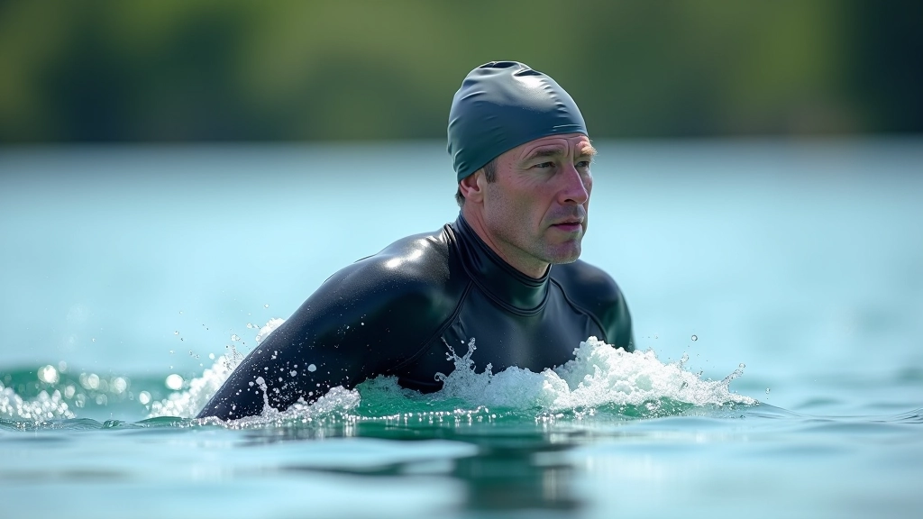 Swimmer executing proper open water technique with bilateral breathing, showing correct body position and stroke mechanics in a lake