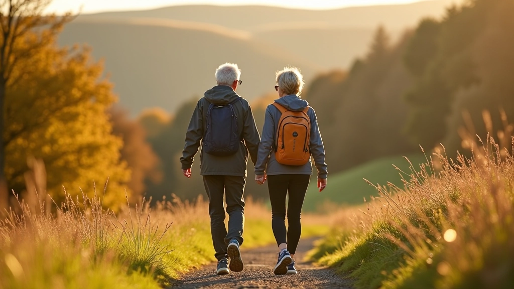 Group of mature adults enjoying a charity walk together on a beautiful UK countryside trail