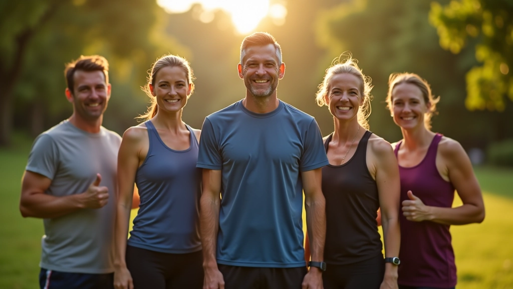 Group of diverse runners and walkers of various ages gathered at the start of a park run in morning light
