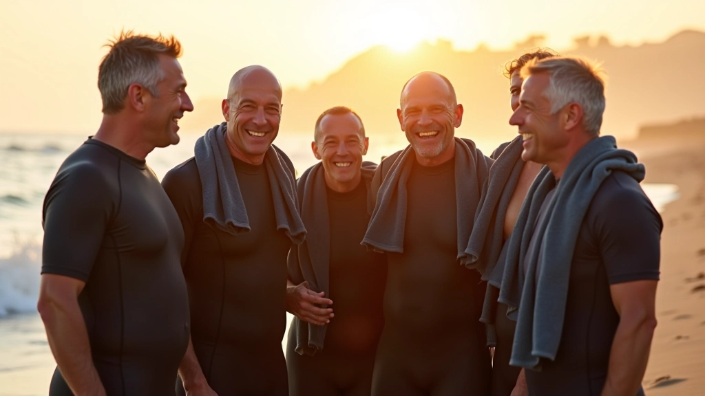 Group of adult swimmers aged 40-60 standing together on a beach in wetsuits after completing an open water swim, showing community and camaraderie