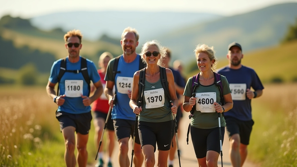 Group of adults aged 40-60 walking together during a charity walking marathon event