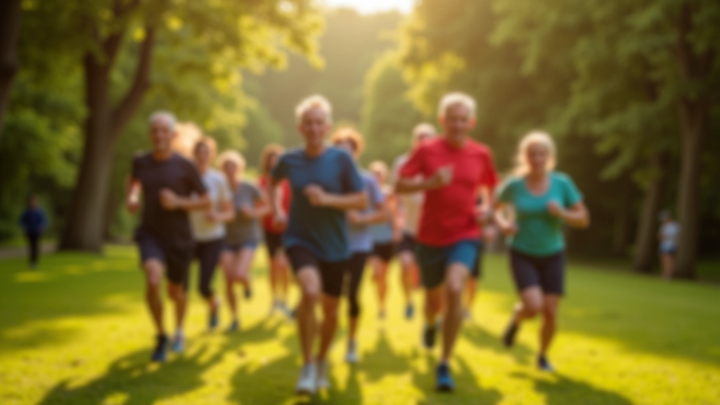 Group of adults aged 40-60 running together in a scenic UK park with morning sunlight