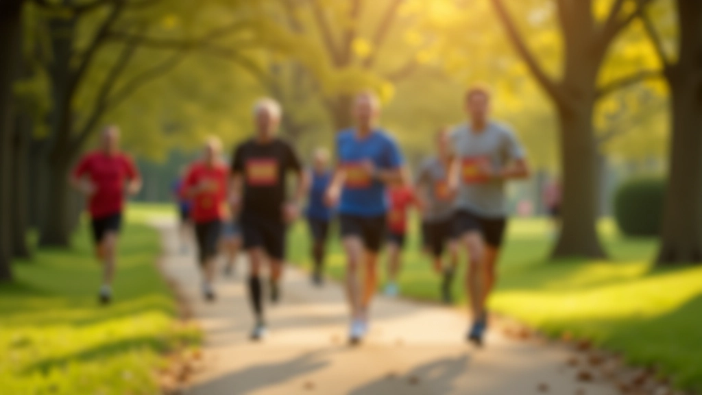 Multiple runners of different ages jogging together on a park path with trees, mid-run action shot