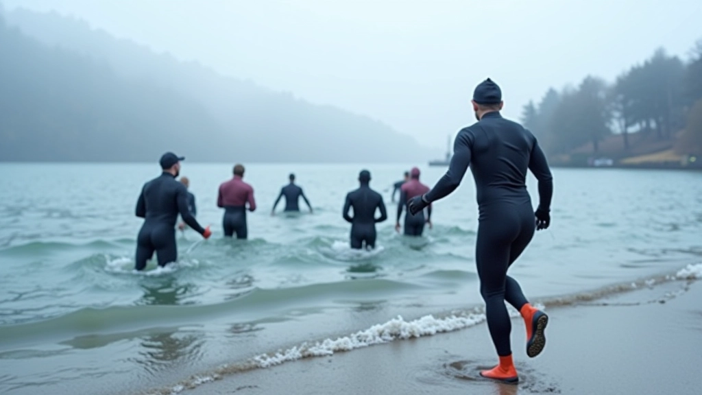 Thermometer showing cold water temperature with swimmers in wetsuits entering a UK lake during winter conditions